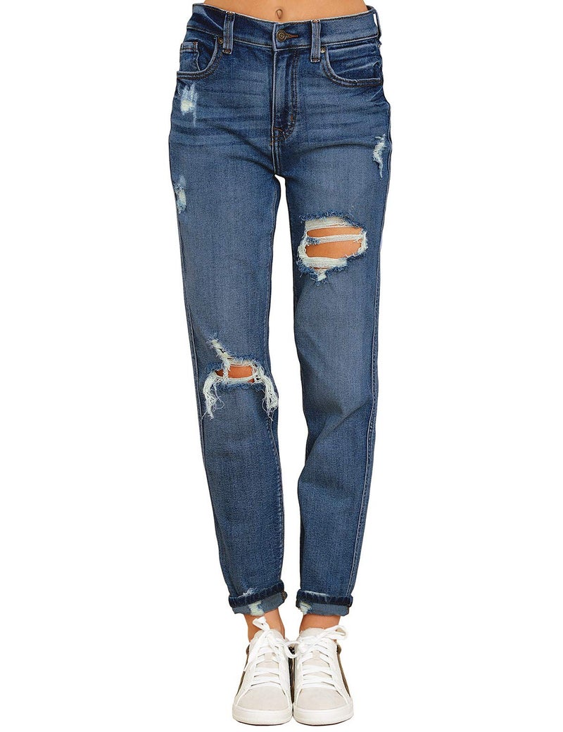 luvamia Women's Casual High Waist Ripped Boyfriend Jeans Washed Distressed Denim Jean Pants Timeless Blue Size Large - Image 1
